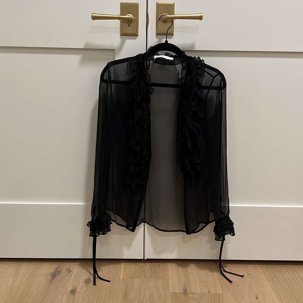 Anne Fontaine Sheer Black Ruffle Blouse with Velvet Trim